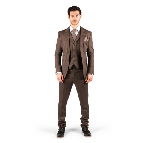 Men’s Light Brown Herringbone Tweed 3 Piece Suit | Brown Black Pattern | Vintage Style with Modern Slim Fit | Regular Length | Wedding Prom Work Event | Double Vented