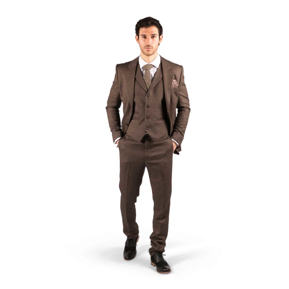 Men’s Light Brown Herringbone Tweed 3 Piece Suit | Brown Black Pattern | Vintage Style with Modern Slim Fit | Regular Length | Wedding Prom Work Event | Double Vented