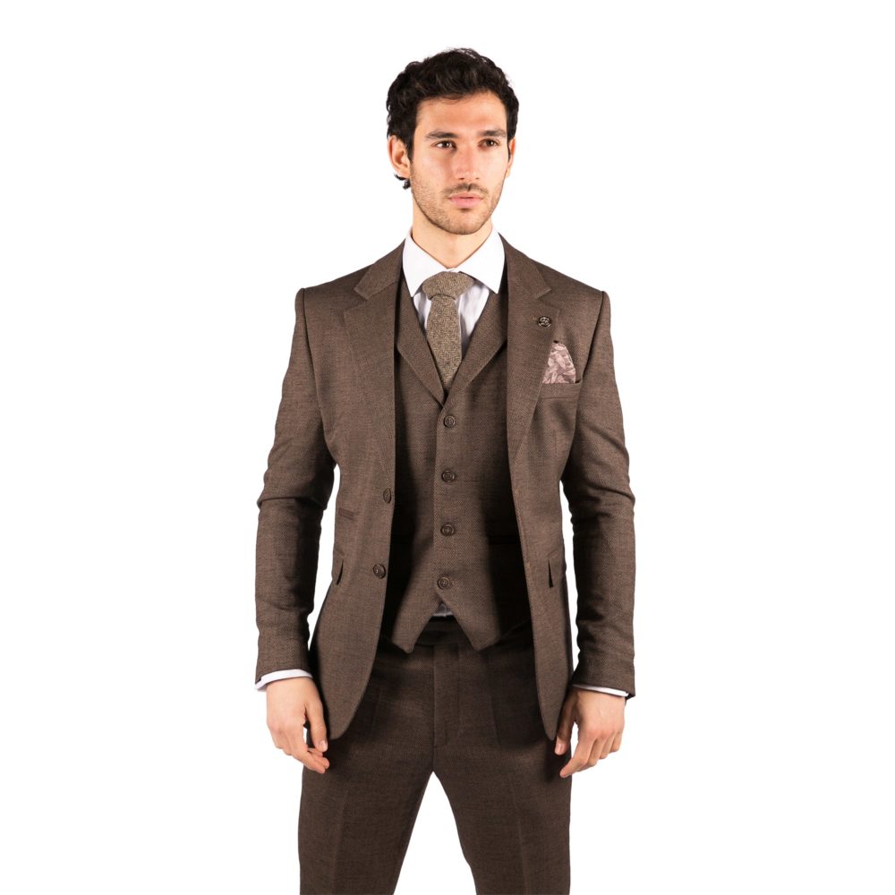 Men’s Light Brown Herringbone Tweed 3 Piece Suit | Brown Black Pattern | Vintage Style with Modern Slim Fit | Regular Length | Wedding Prom Work Event | Double Vented