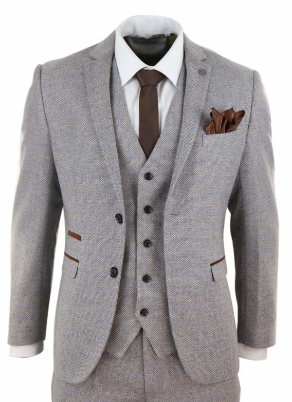 Men's 3 Piece Cream Tweed Check Suit