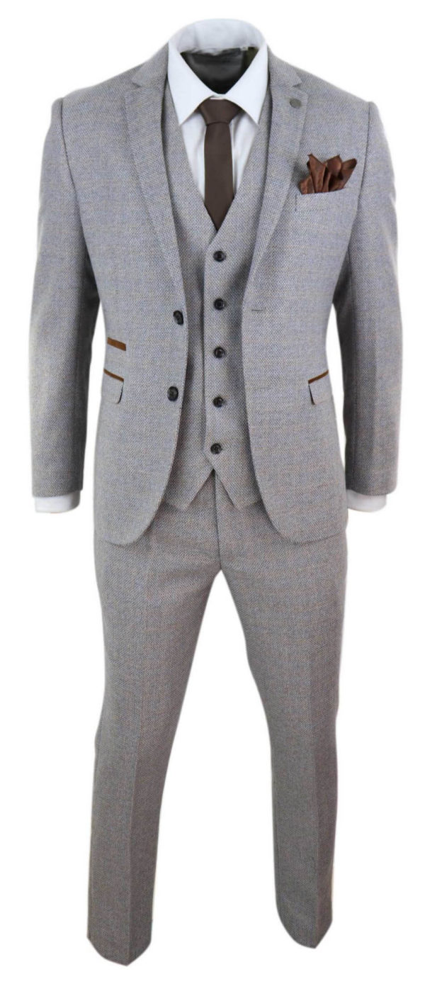 Men's 3 Piece Cream Tweed Check Suit